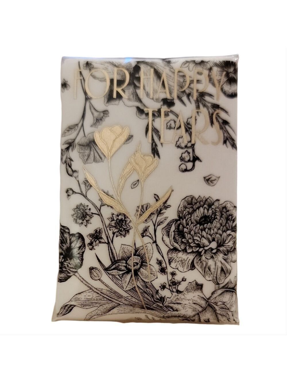 Floral Black & White w/Gold Decorative Print "For Happy Tears" Wedding Tissues